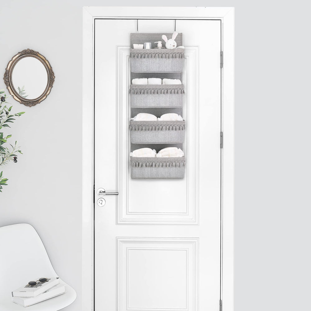 Dahey boho nursery storage on door keeps baby essentials neatly within reach.