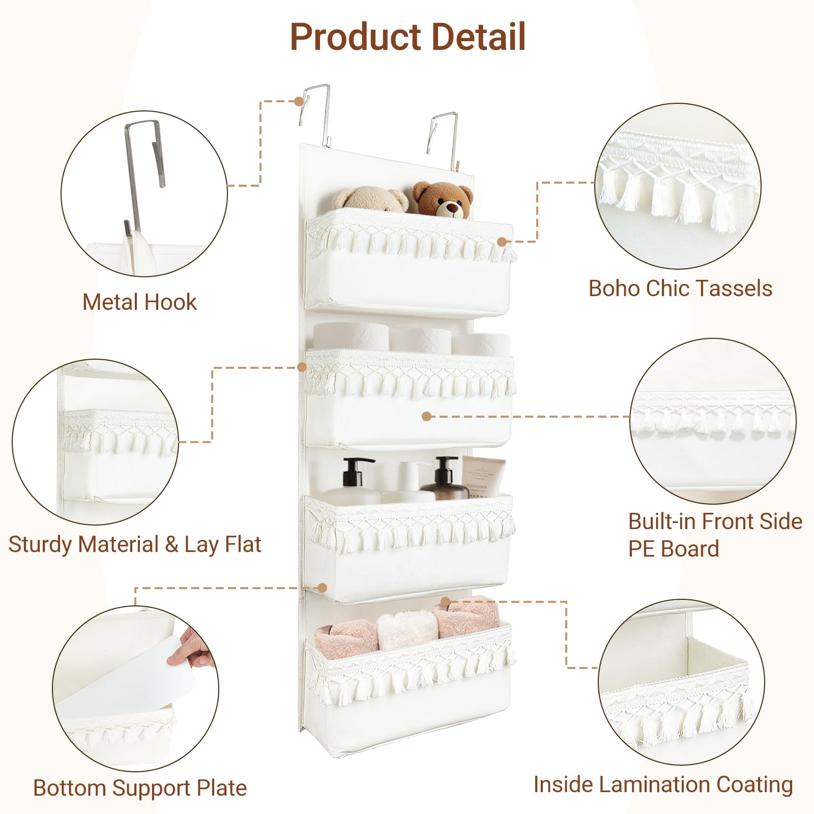 Dahey boho tassels decor detail adds charm while housing bottles, toys, and lotions.