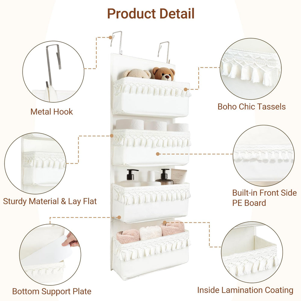 Dahey boho tassels decor detail adds charm while housing bottles, toys, and lotions.