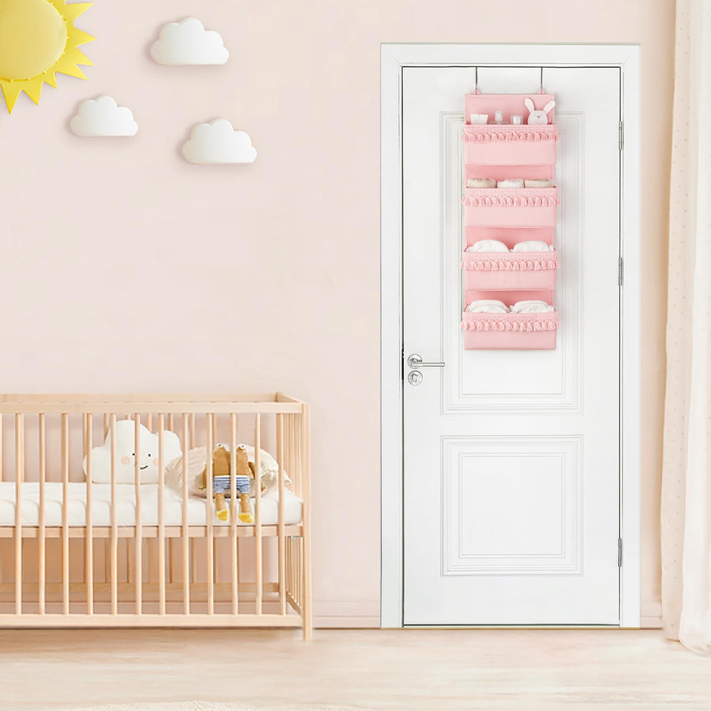Dahey four pocket nursery storage keeps baby items categorized for quick retrieval.
