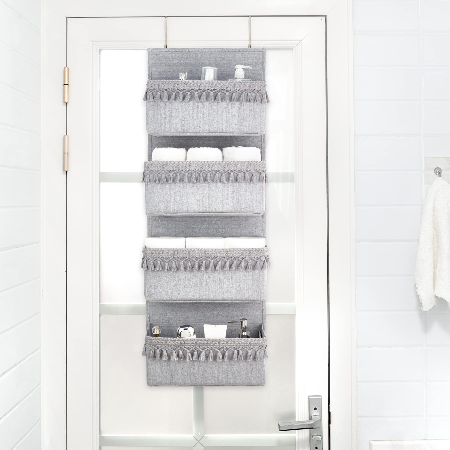 Dahey four-pocket organizer on door helps organize cosmetics and toiletries.