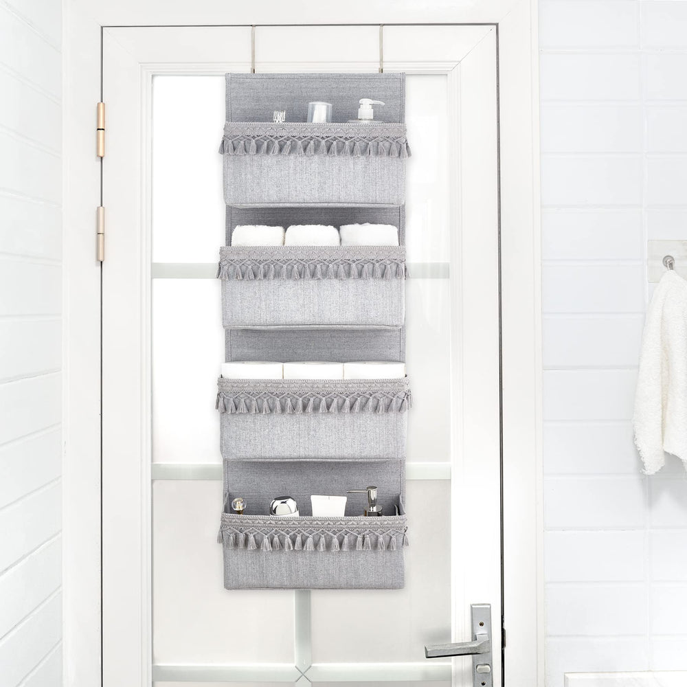 Dahey four-pocket organizer on door helps organize cosmetics and toiletries.