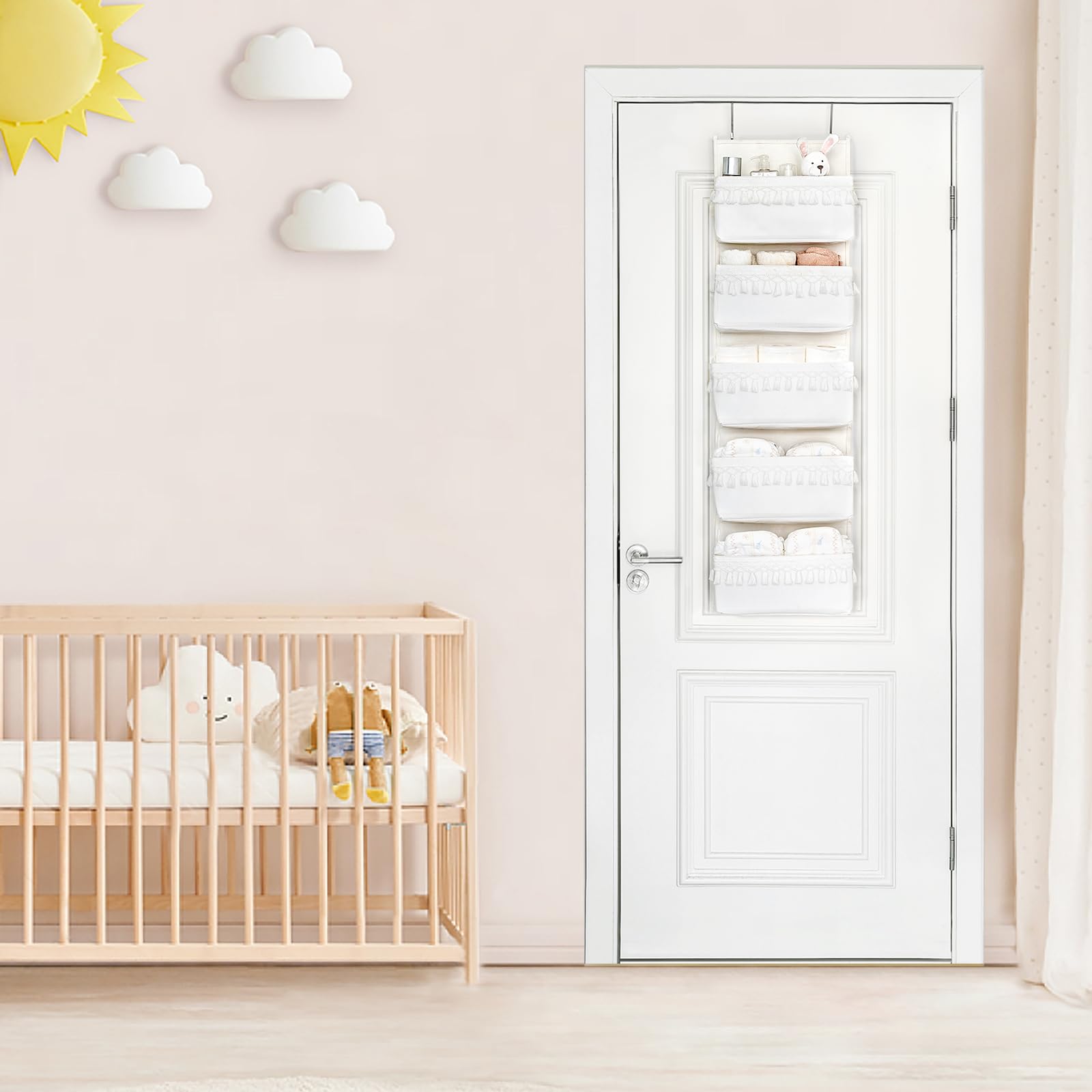 Dahey nursery storage hangs on door, freeing countertop space.
