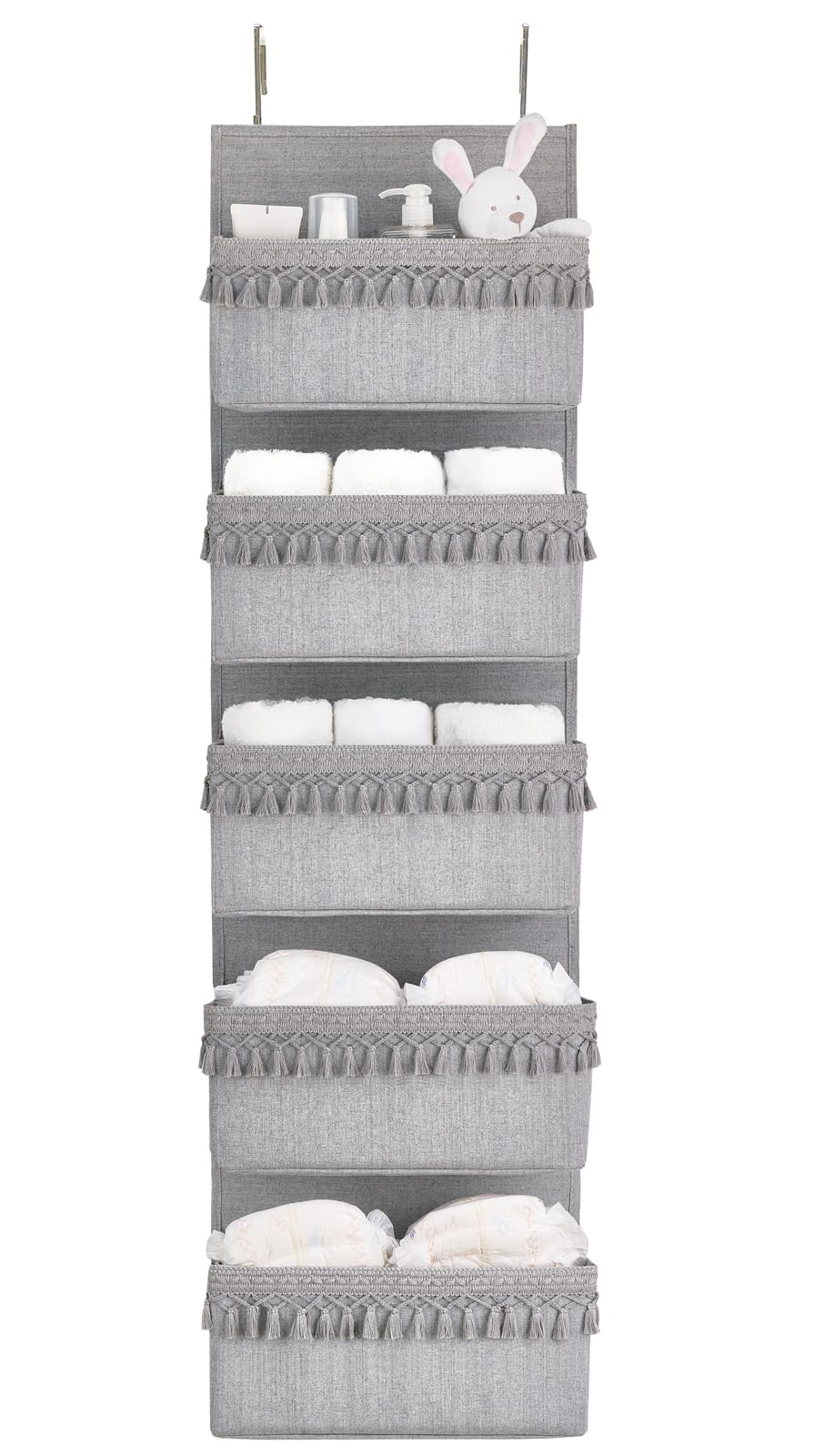 Dahey over the door organizer grey front view showing five pockets for nursery storage