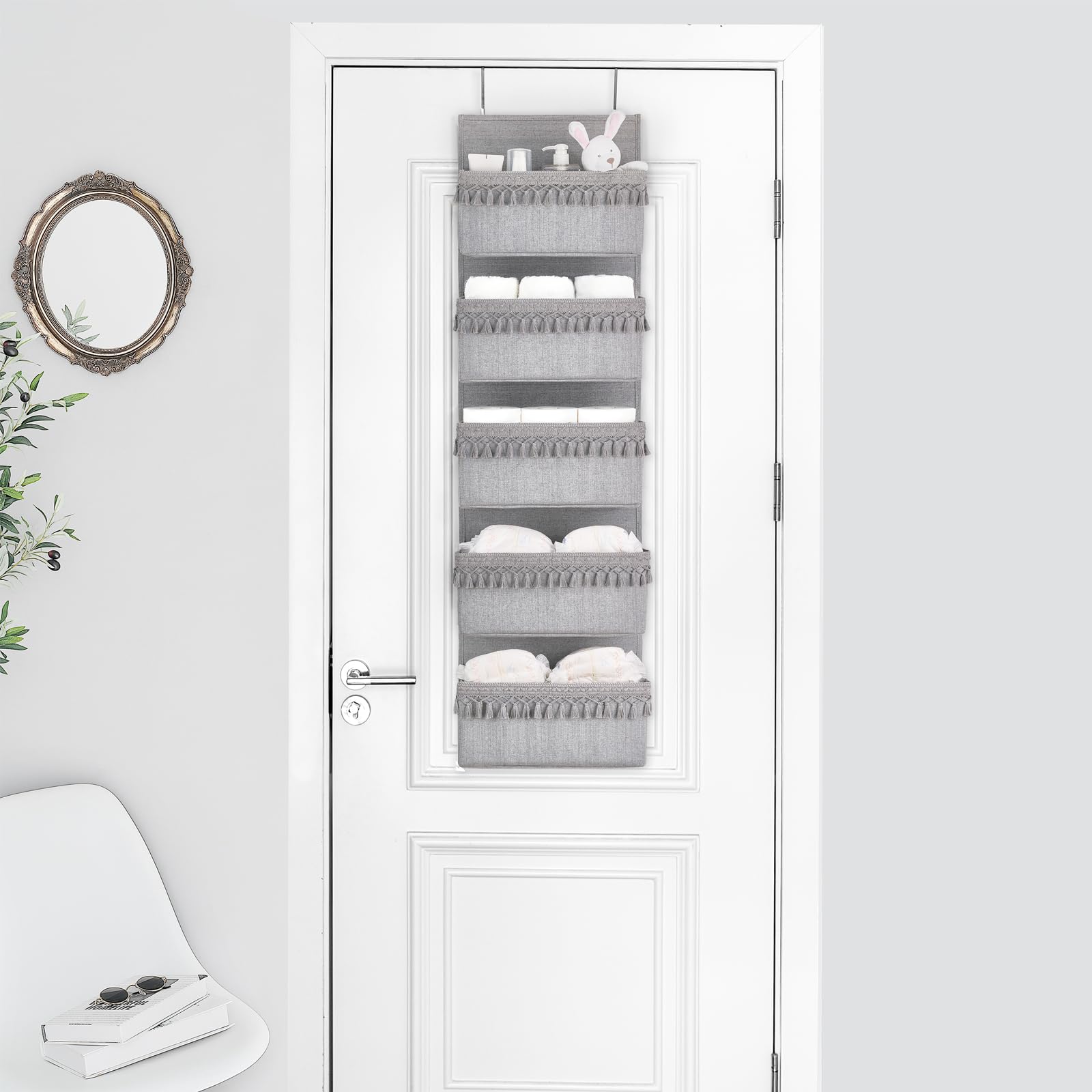 Dahey organizer grey pocket closeup highlighting cotton pockets and tassels