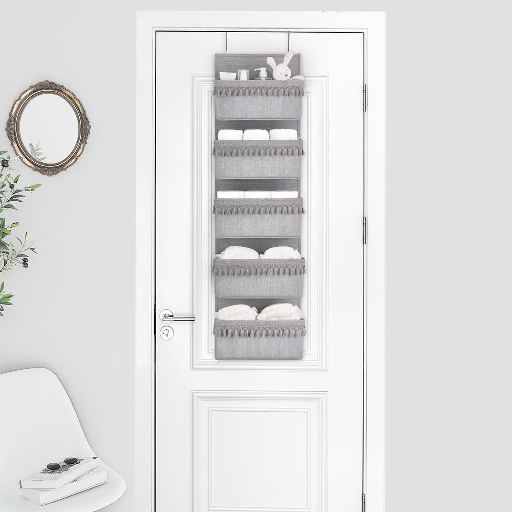 Dahey organizer grey pocket closeup highlighting cotton pockets and tassels