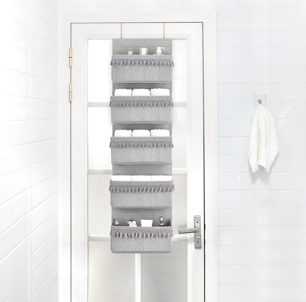Dahey over the door organizer grey side view demonstrating door hook mounting