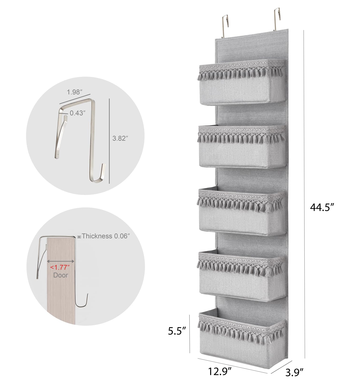 Dahey over the door organizer grey tassel detail with decorative boho touch
