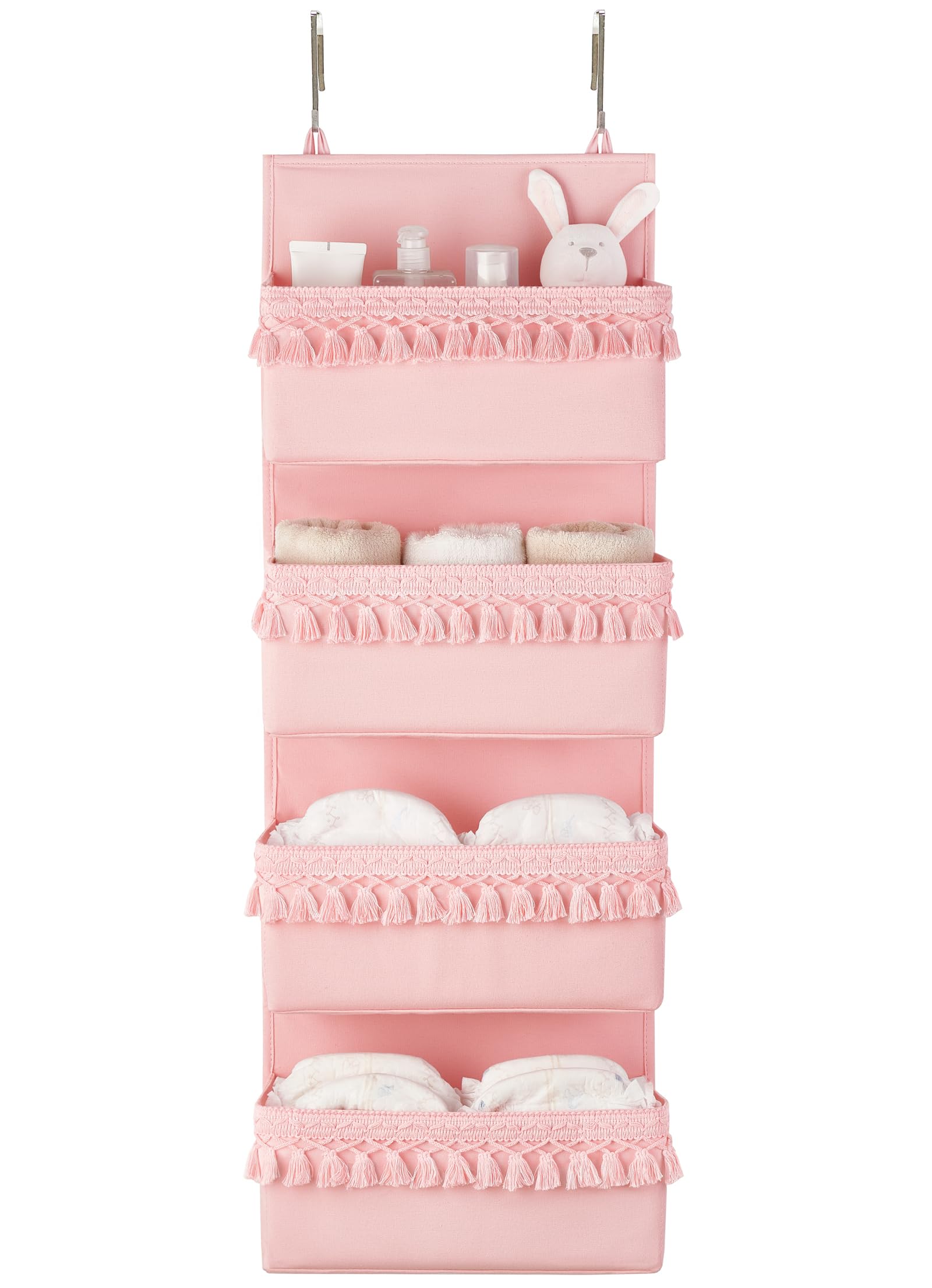 Dahey over the door organizer with pink tassels for easy baby essentials access.