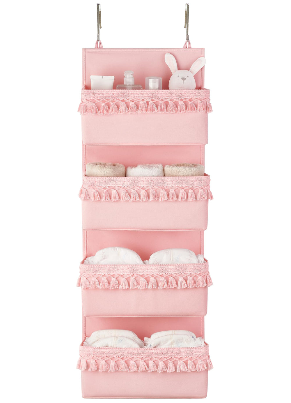 Dahey over the door organizer with pink tassels for easy baby essentials access.