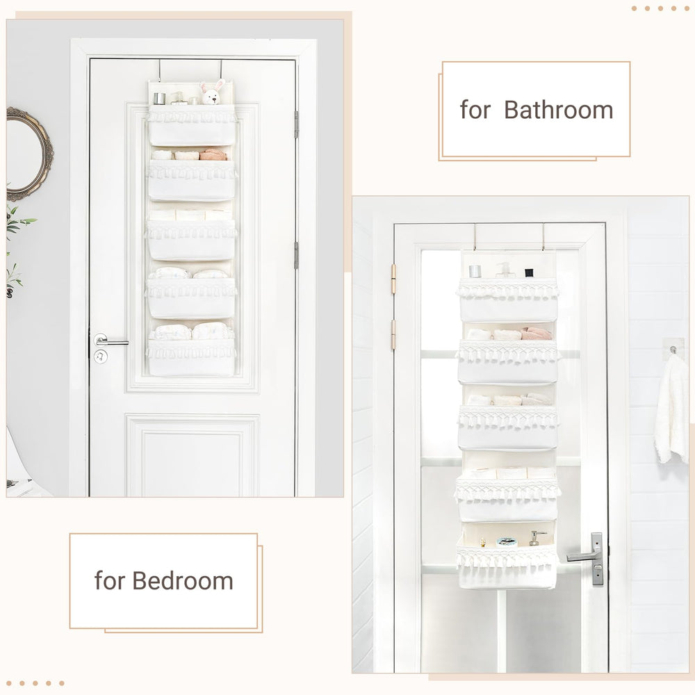 Dahey organizer tassels decorate door while keeping cosmetics neatly stored.