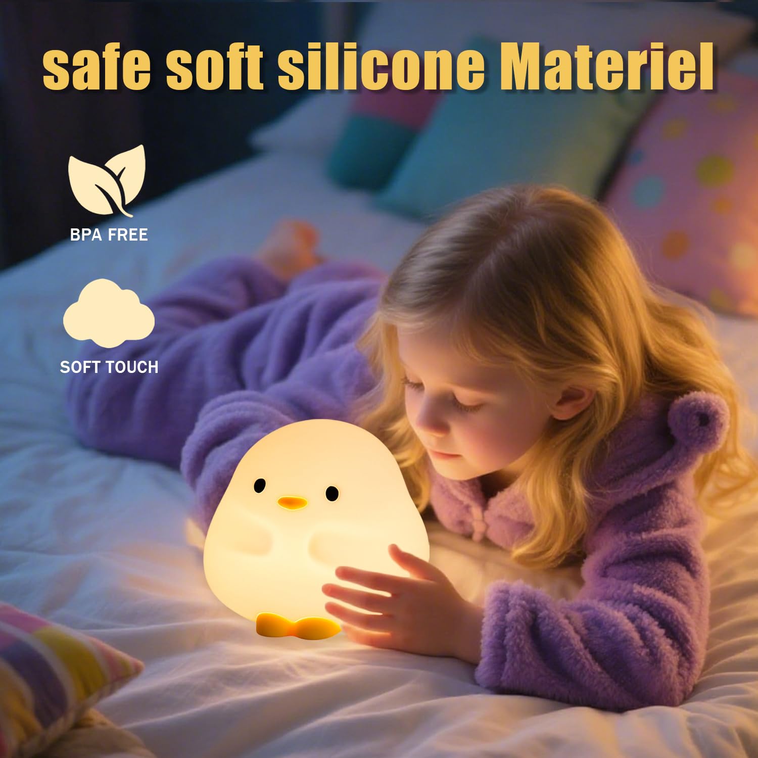 Daixinde DuDu Duck night light features a 30-minute timer for automatic shut-off.