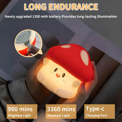 Daixinde mushroom lamp side view, squishy silicone design helps cuddle and relax kids.