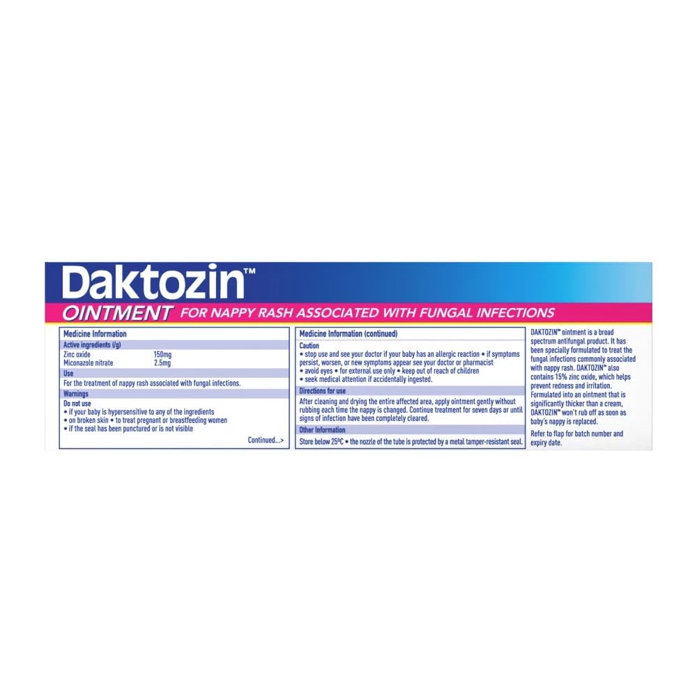 Daktozin zinc oxide barrier protects moisture-prone diaper-area skin.