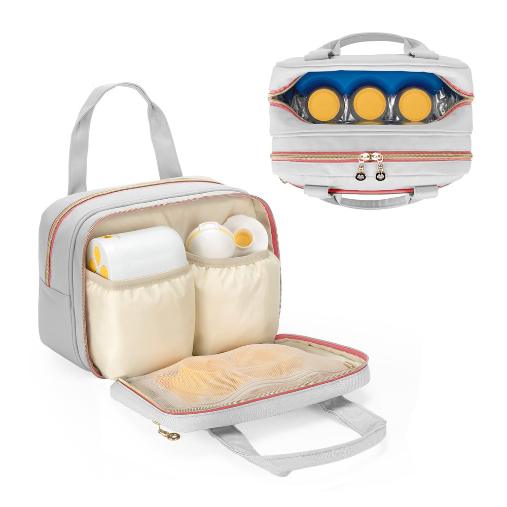 Damero breast pump bag front padded elastic pouches for easy pump accessory storage.