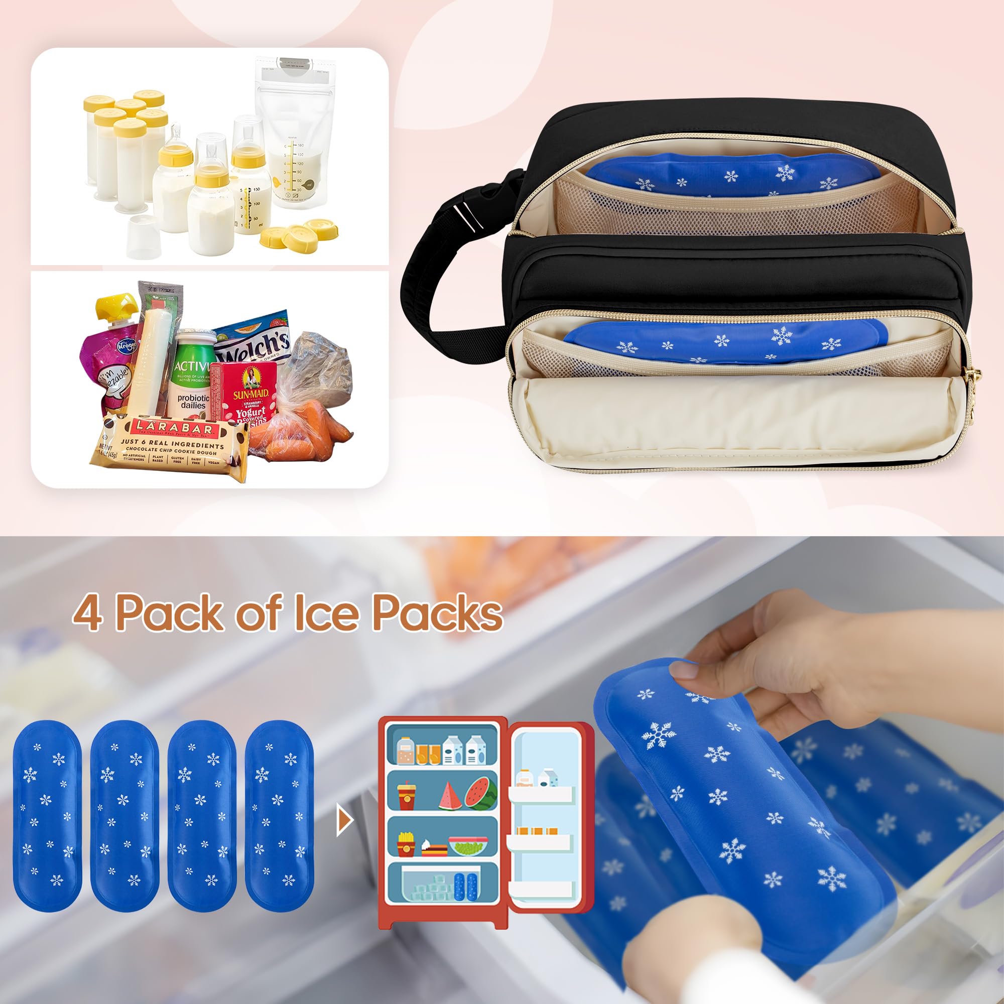 Damero Breastmilk Cooler Bag buckle handle attached to stroller for hands-free transport.
