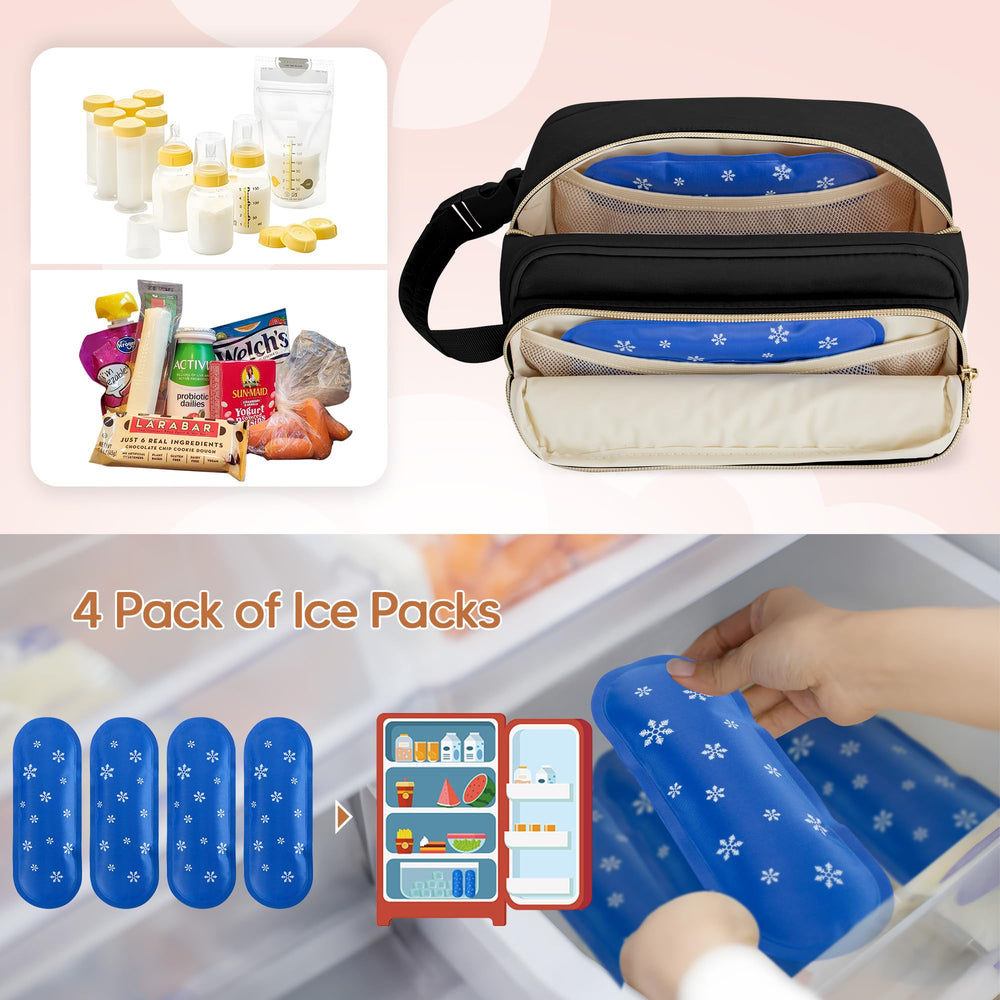 Damero Breastmilk Cooler Bag buckle handle attached to stroller for hands-free transport.