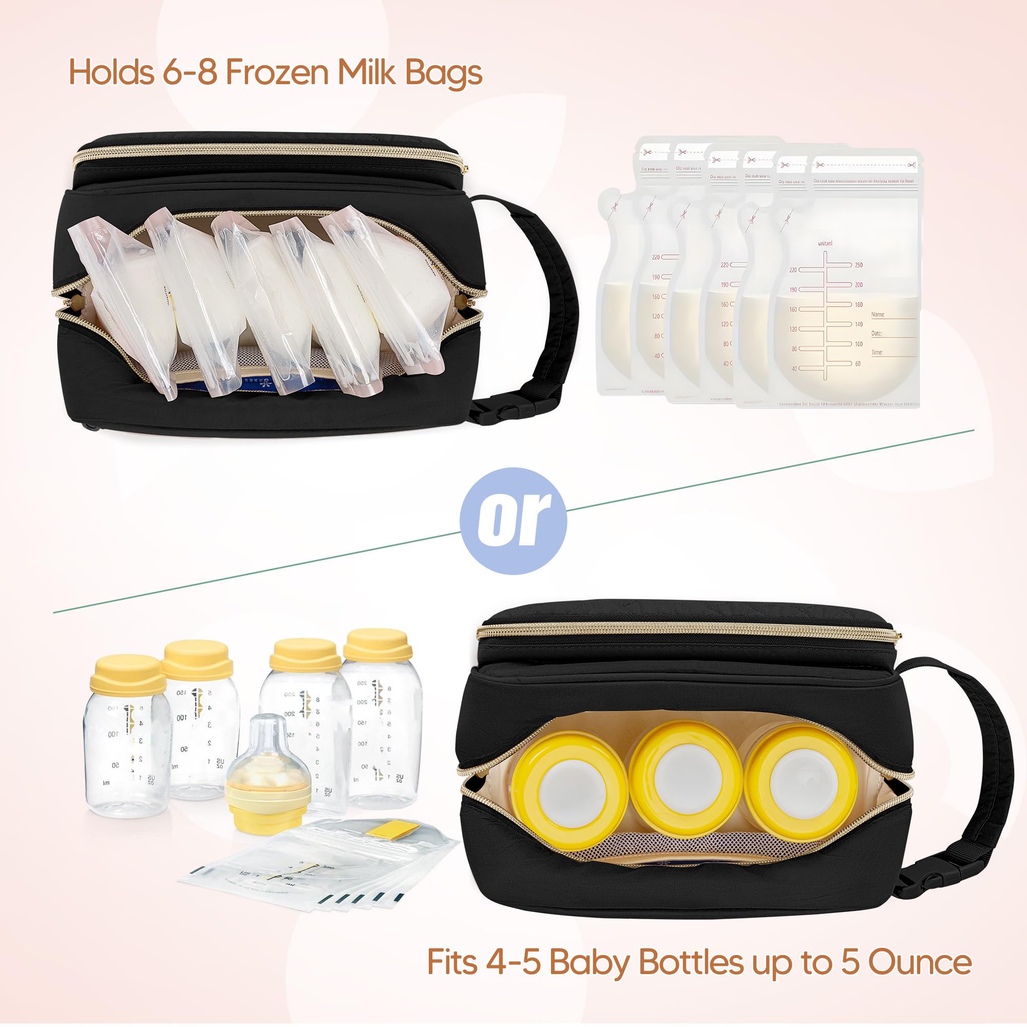 Damero Breastmilk Cooler Bag dual-pocket layout keeps milk bags organized for travel.