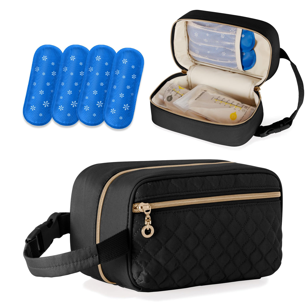 Damero breastmilk cooler bag left view shows four ice packs for day trips.