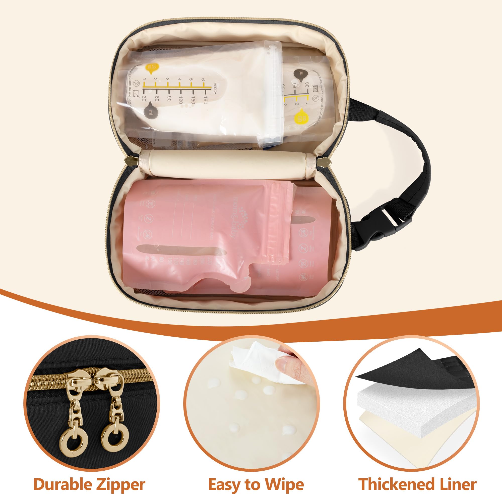 Damero breastmilk cooler bag open interior reveals capacity for 6-8 milk bags.
