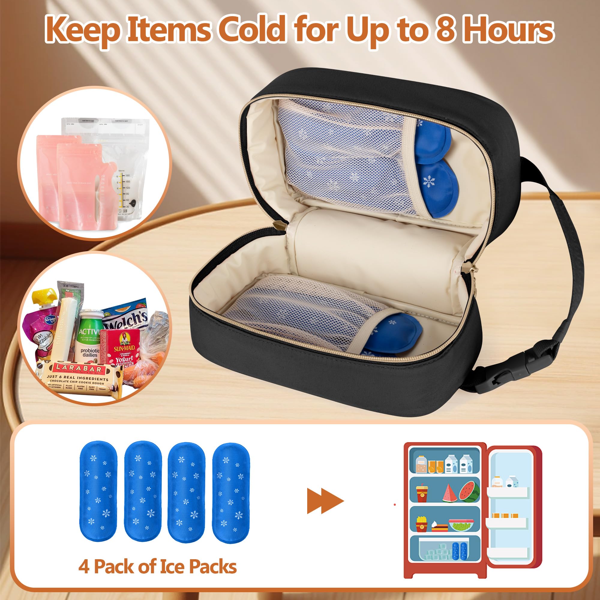Damero breastmilk cooler bag with detachable buckle handle attached to stroller for easy trips.