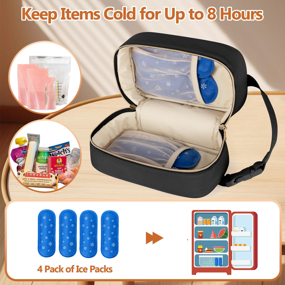 Damero breastmilk cooler bag with detachable buckle handle attached to stroller for easy trips.
