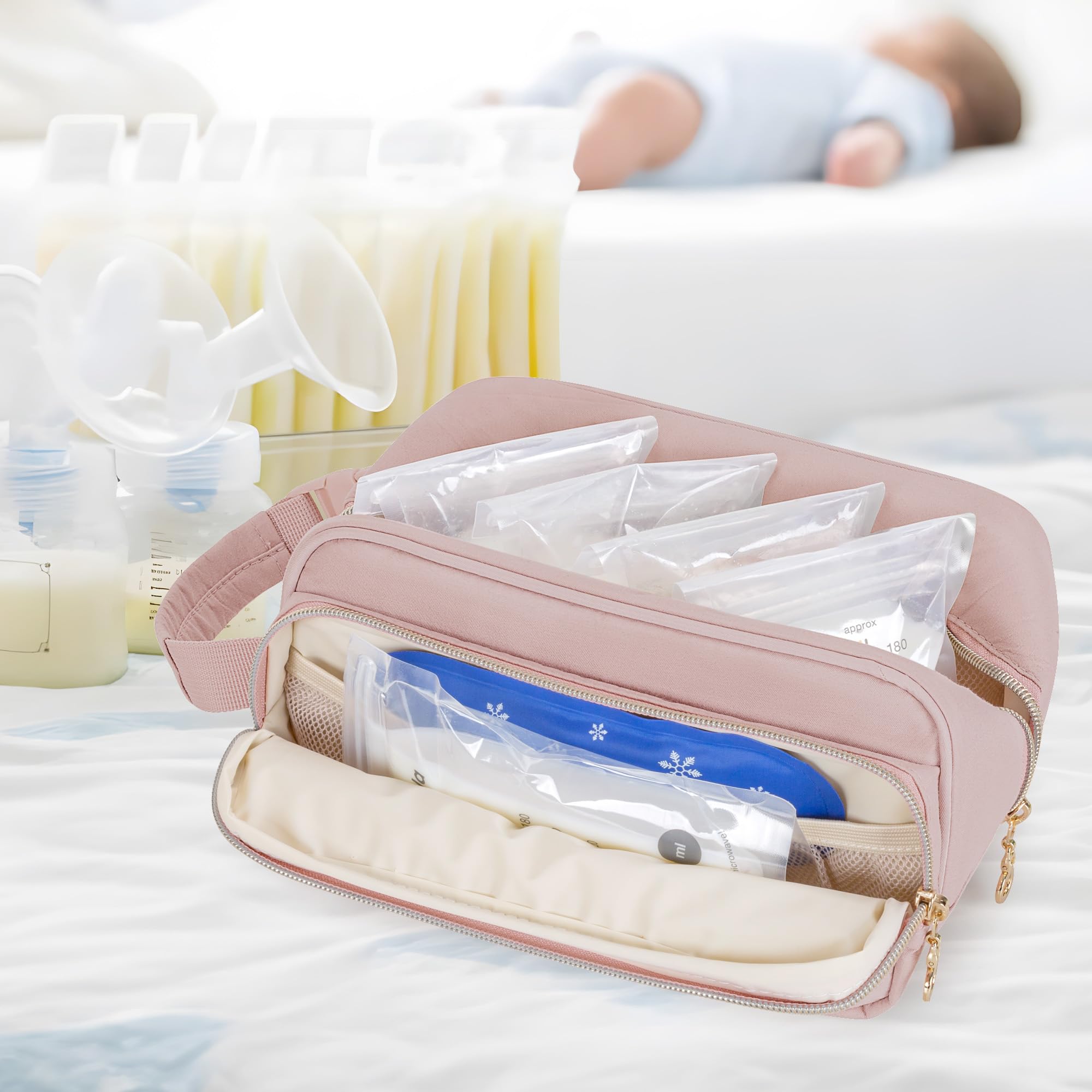 Damero breastmilk cooler bag in-use on stroller supports hands-free travel