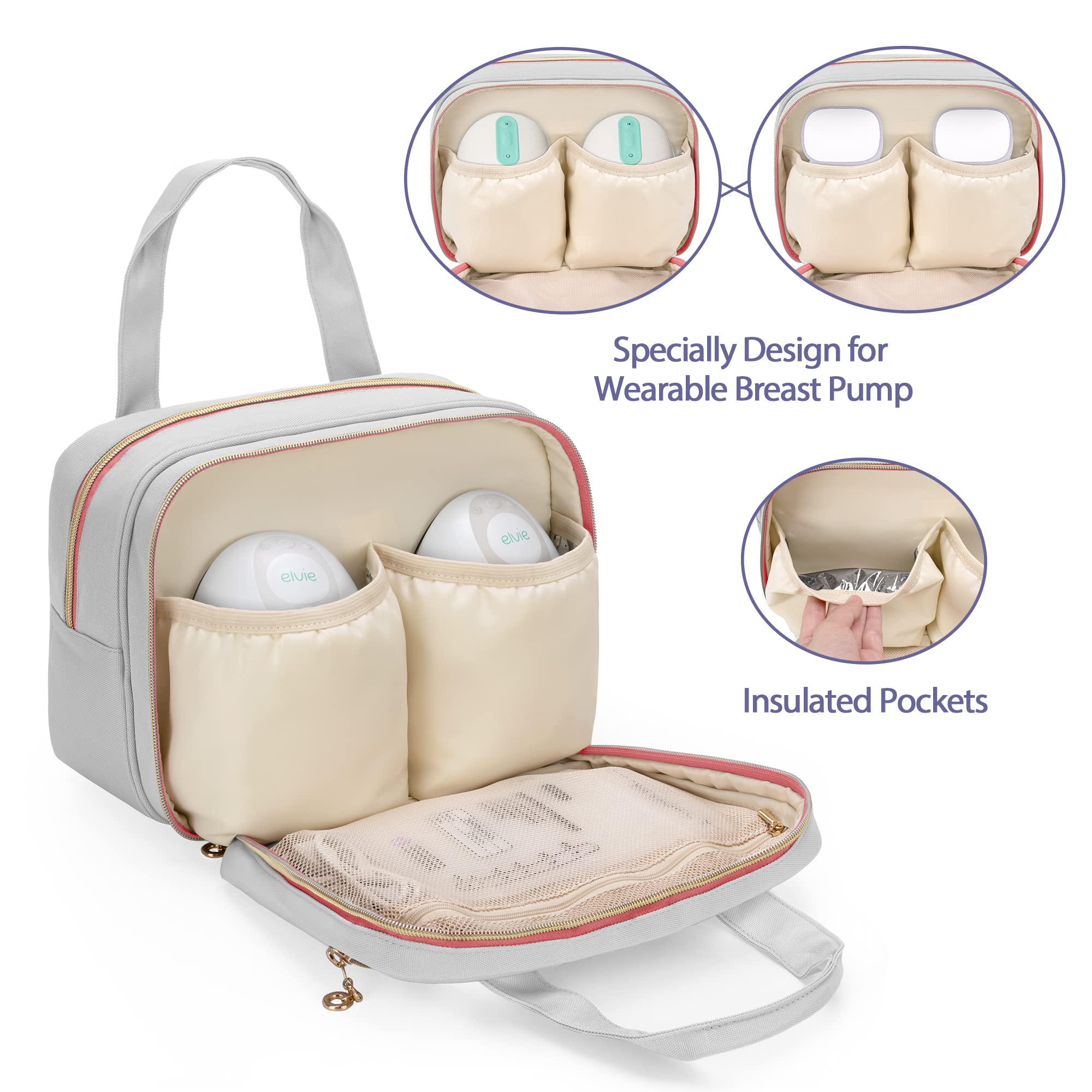 Damero wearable pump bag front with padded elastic pouches for pump stability.