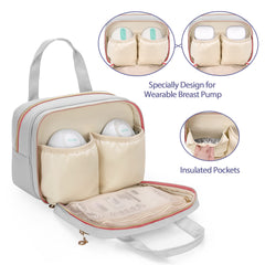 Damero wearable pump bag front with padded elastic pouches for pump stability.