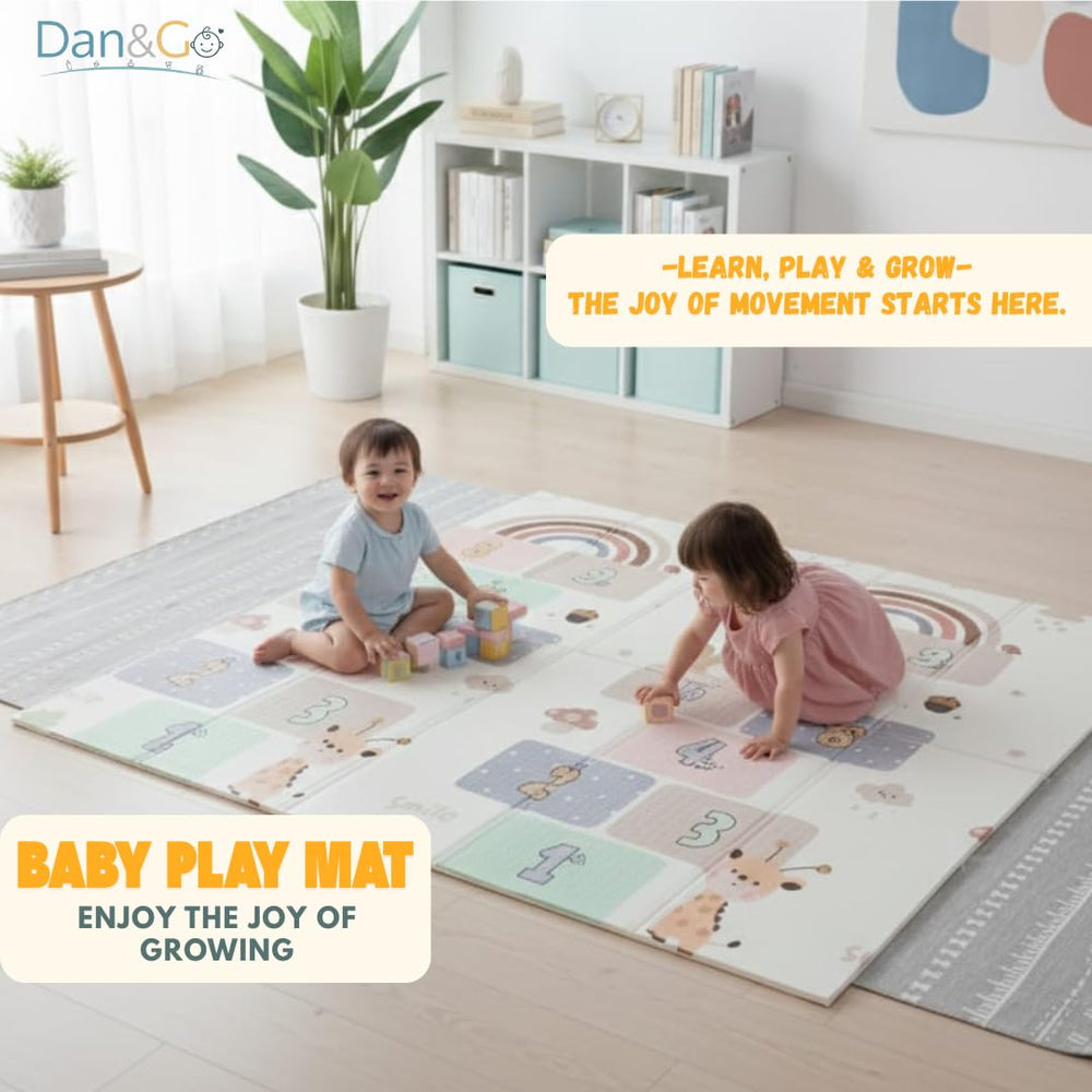 DAN&GO play mat unfolded, revealing a 71 by 79 inch play area.