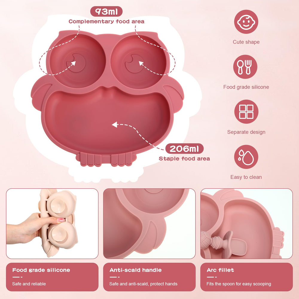 Dandat suction owl plate light pink helps kids self-feed with fun design