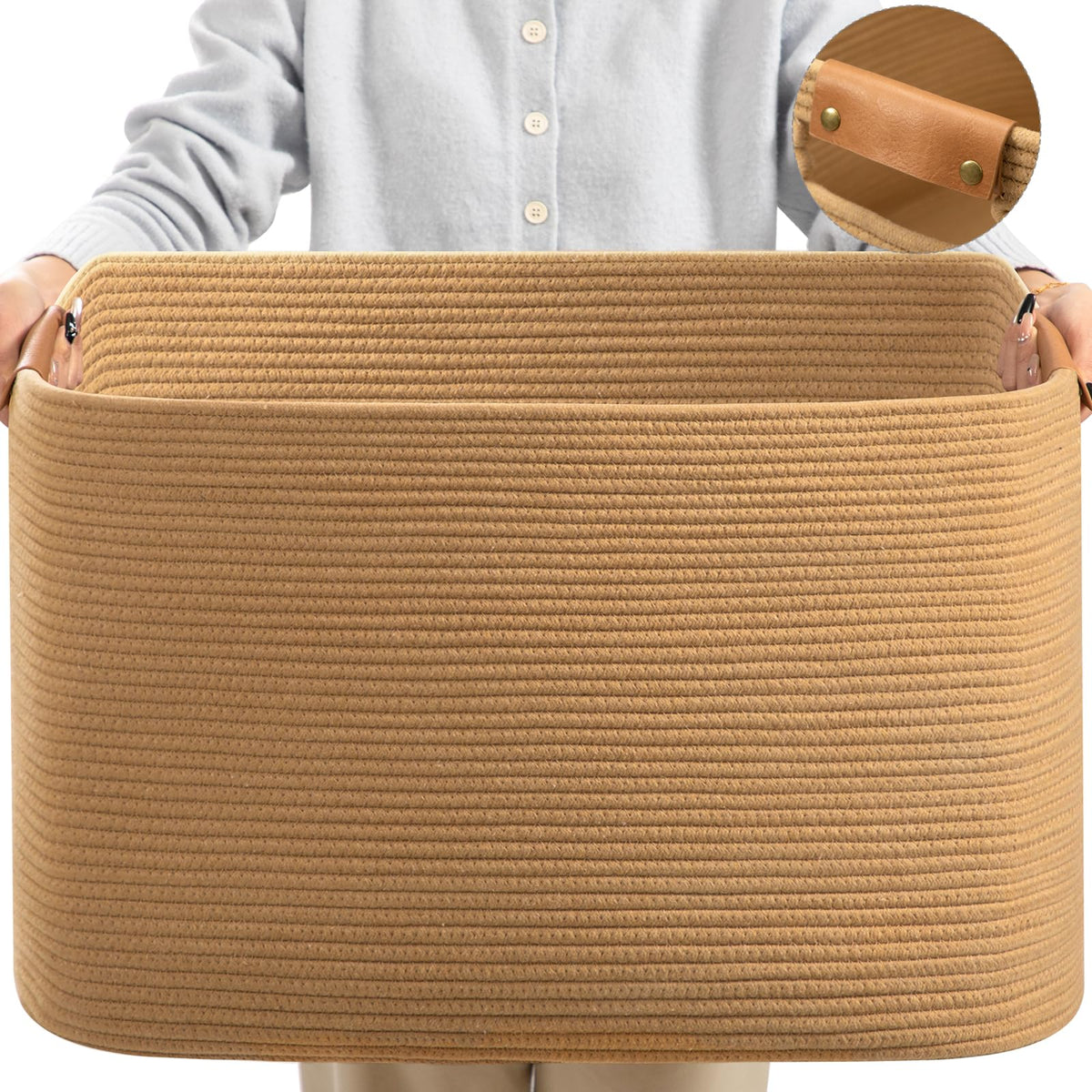danpinera 108L blanket basket in living room showcasing ample storage for blankets and toys.