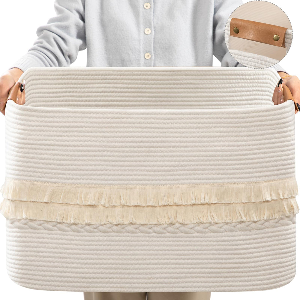 danpinera 108L large basket in white sits in living room for tidy storage and decor