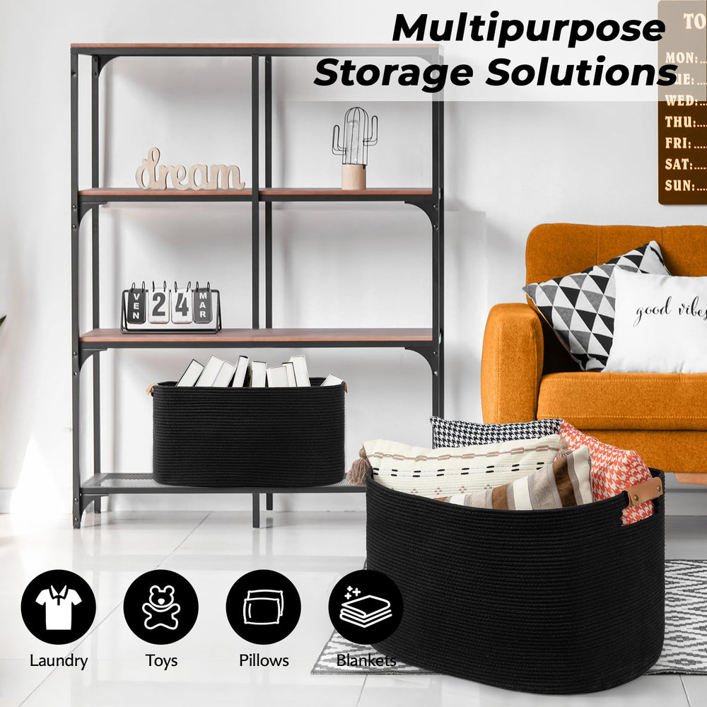 Danpinera 25x16x16 black basket ready for quick storage.