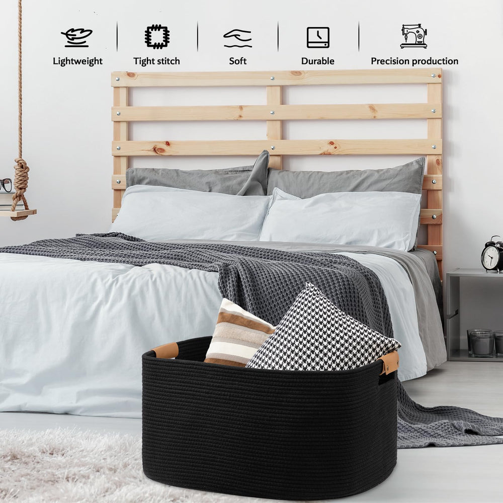Danpinera black cotton rope basket in use as a laundry hamper.