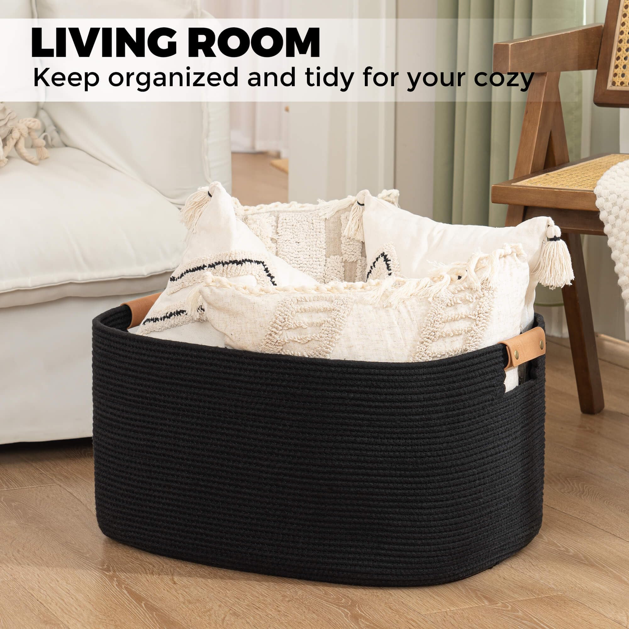 Danpinera cotton rope hamper with leather handle highlights durable, stylish design.