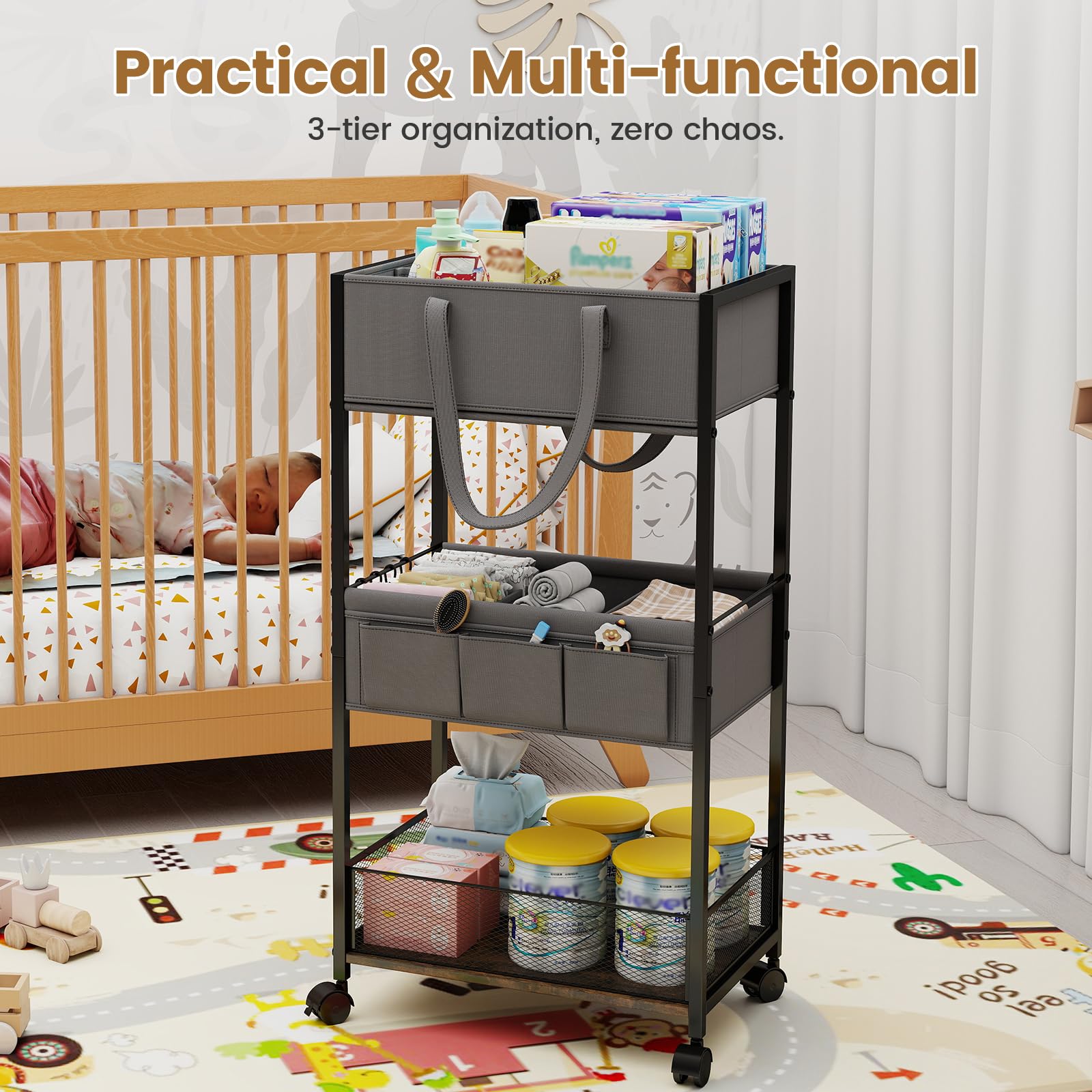 Danpinera diaper caddy with 360° wheels in action, moving from nursery to living room.