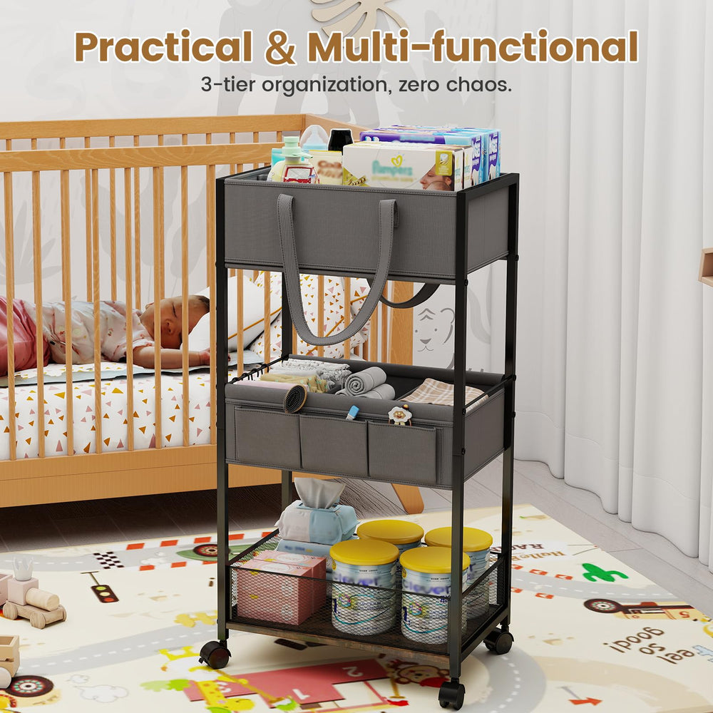 Danpinera diaper caddy with 360° wheels in action, moving from nursery to living room.