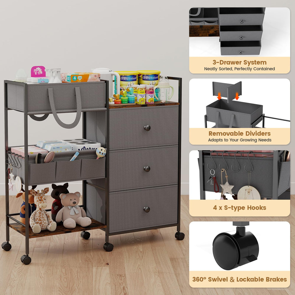 Danpinera diaper caddy with 360-degree wheels for easy room-to-room mobility