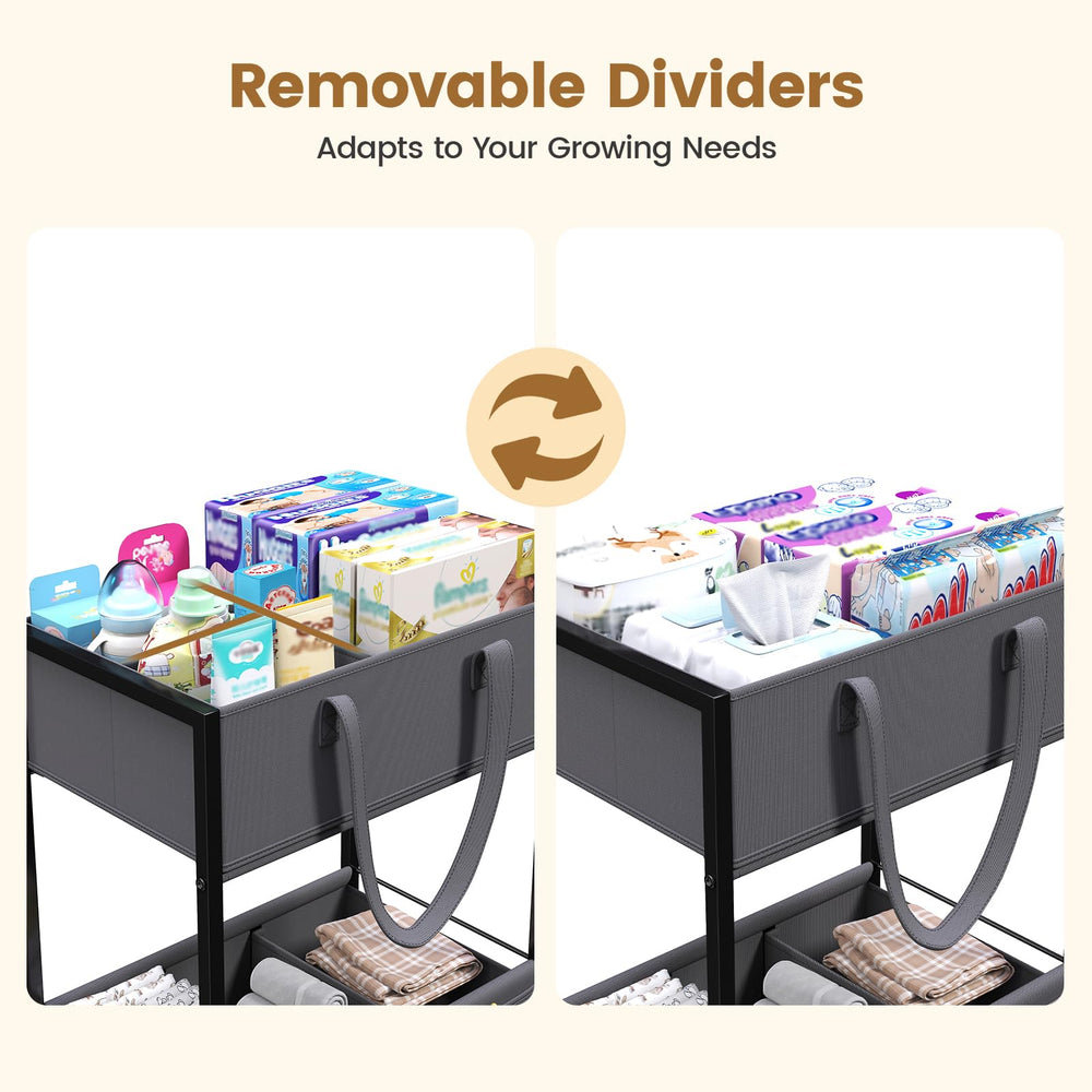 Bottom tier storage on Danpinera diaper caddy for bulky items.