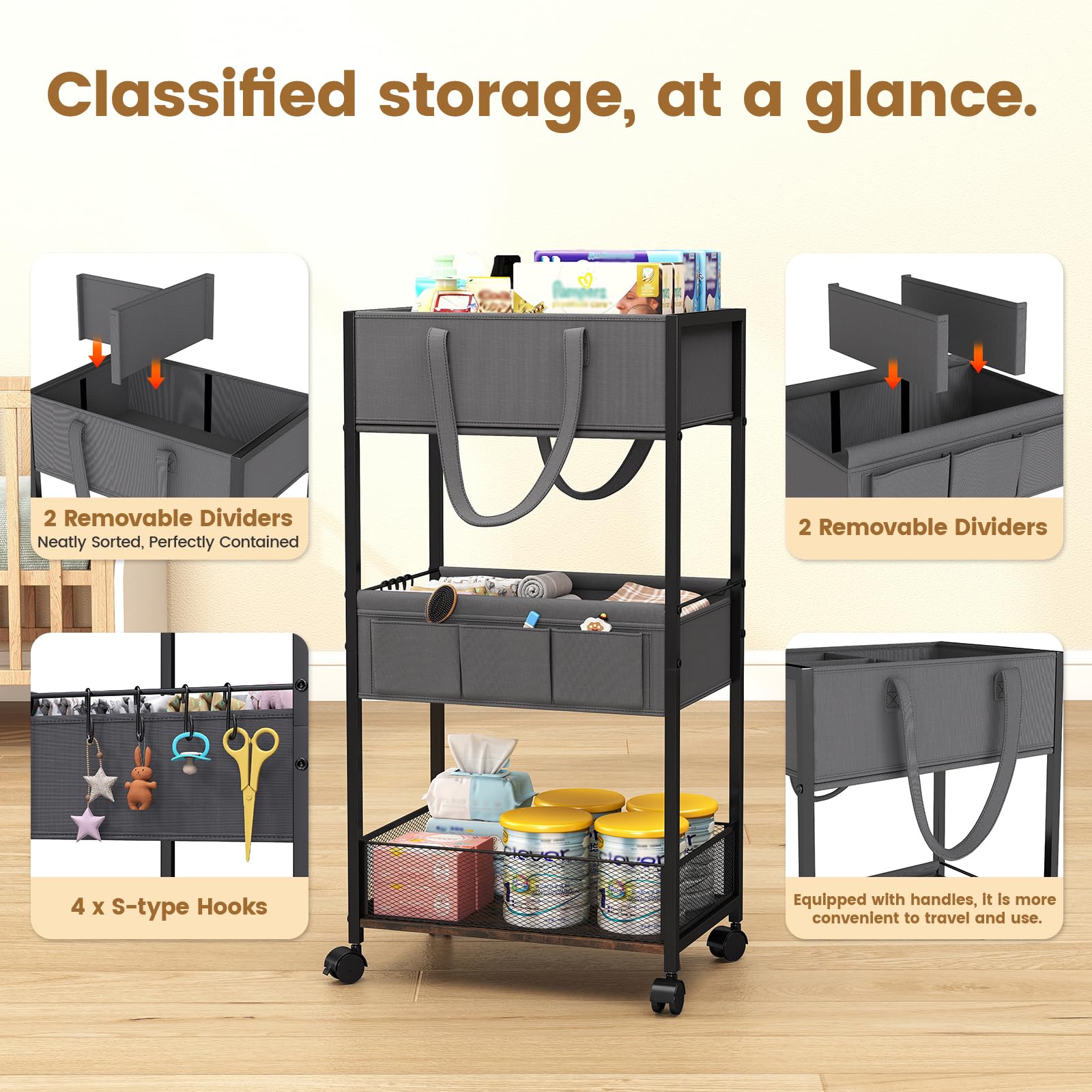 Inside view of Danpinera diaper caddy with dividers for flexible organization.