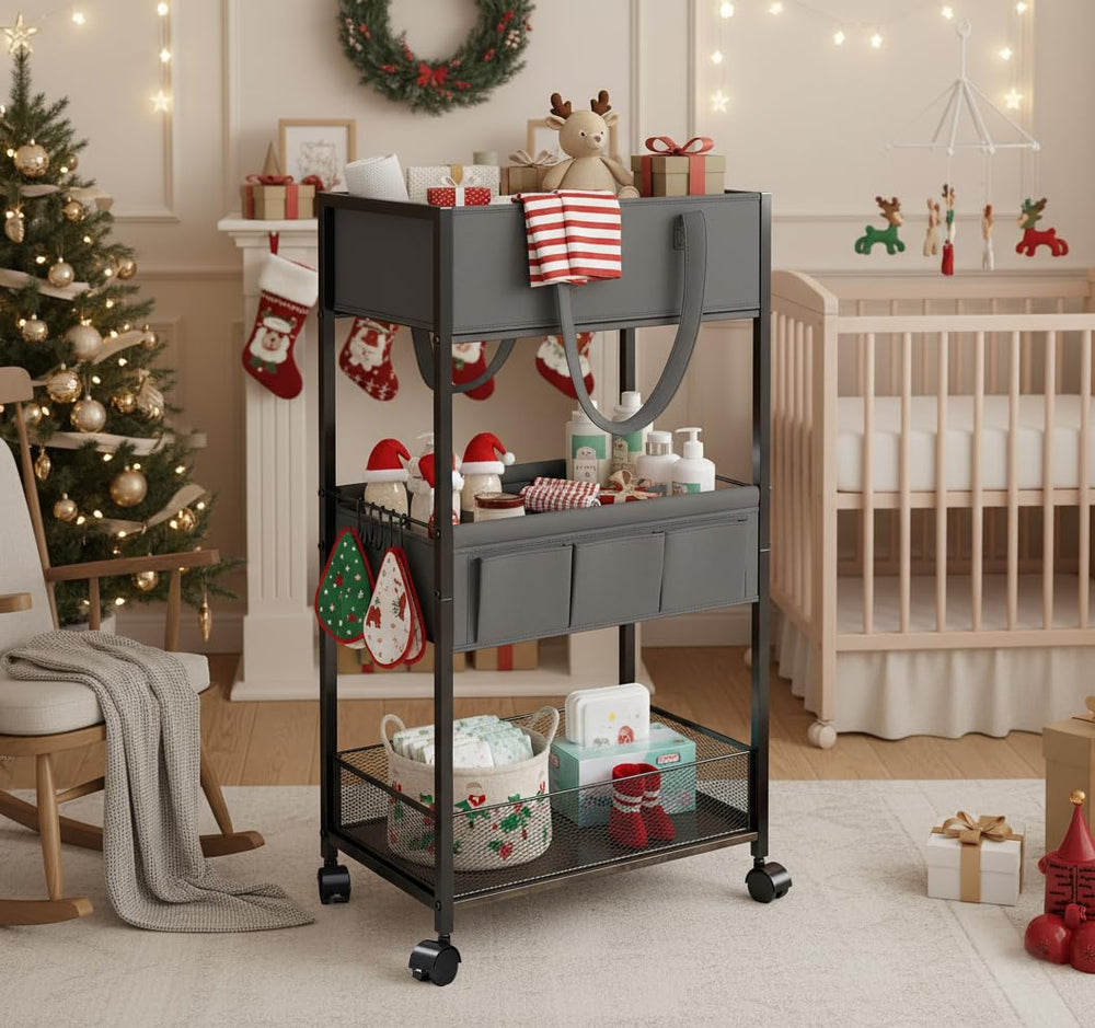 Danpinera diaper caddy used in multiple rooms for versatile storage.