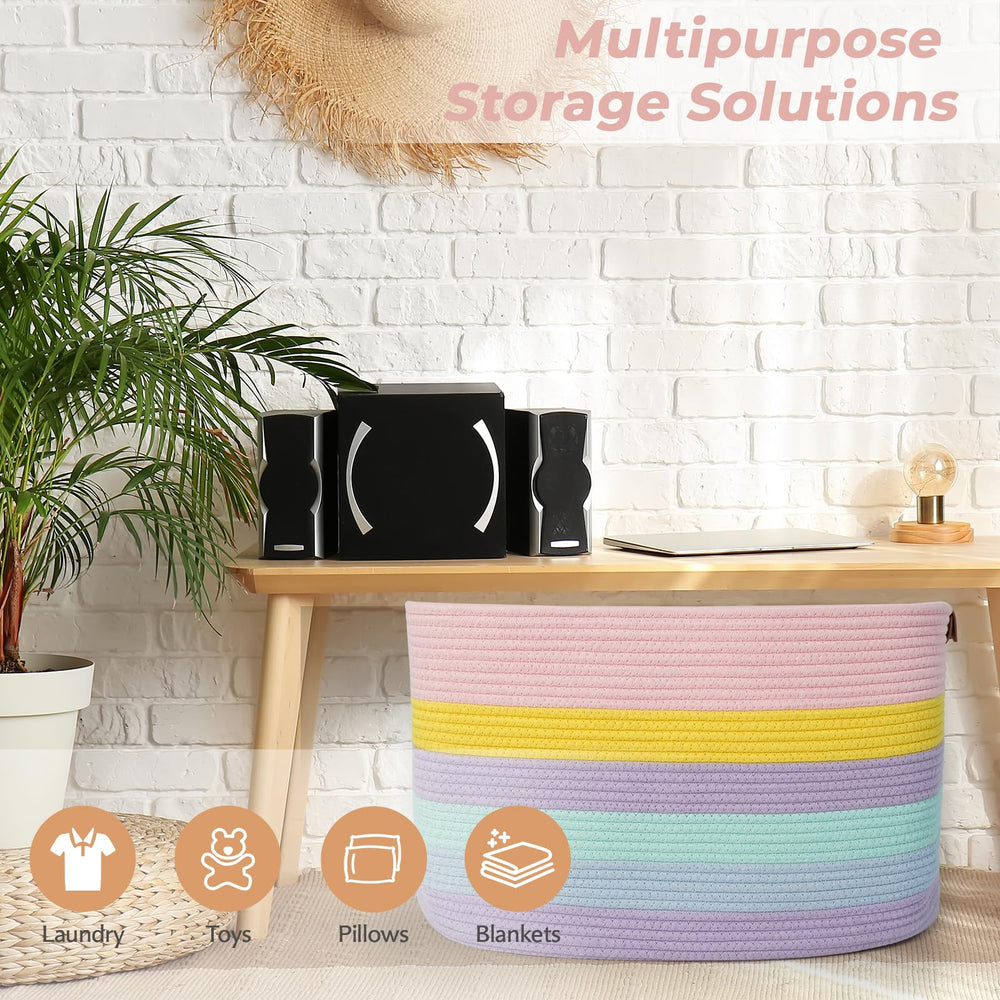 Danpinera basket in living room shows decorative storage solution.