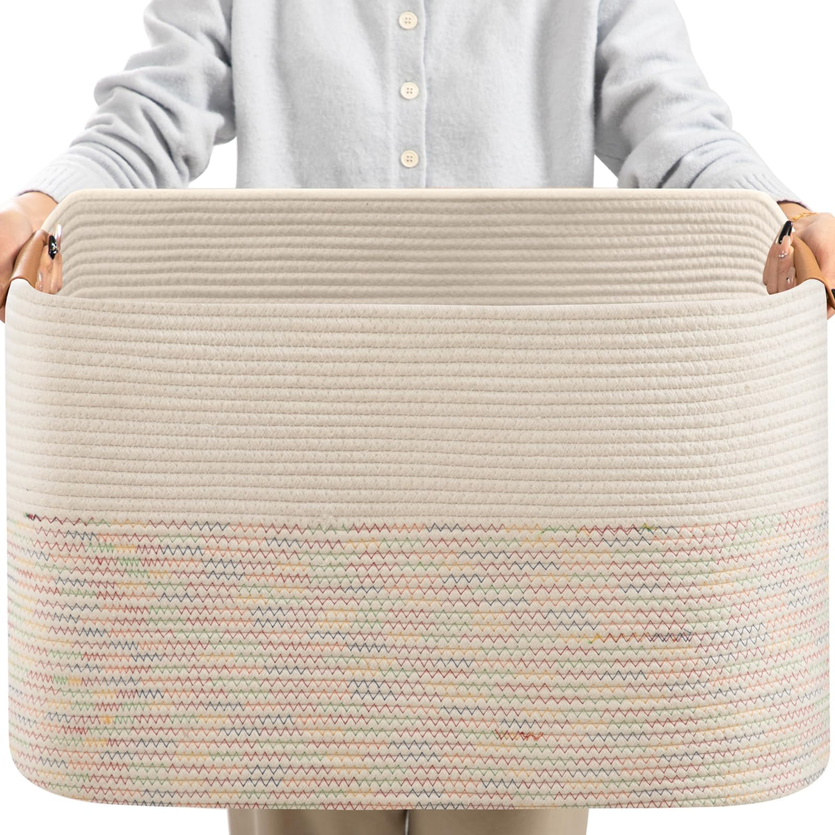 Danpinera rainbow 108L basket front view with ample blanket storage.