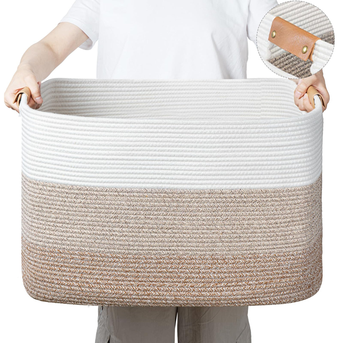 danpinera rectangle blanket storage basket front view with soft cotton rope texture for cozy organization