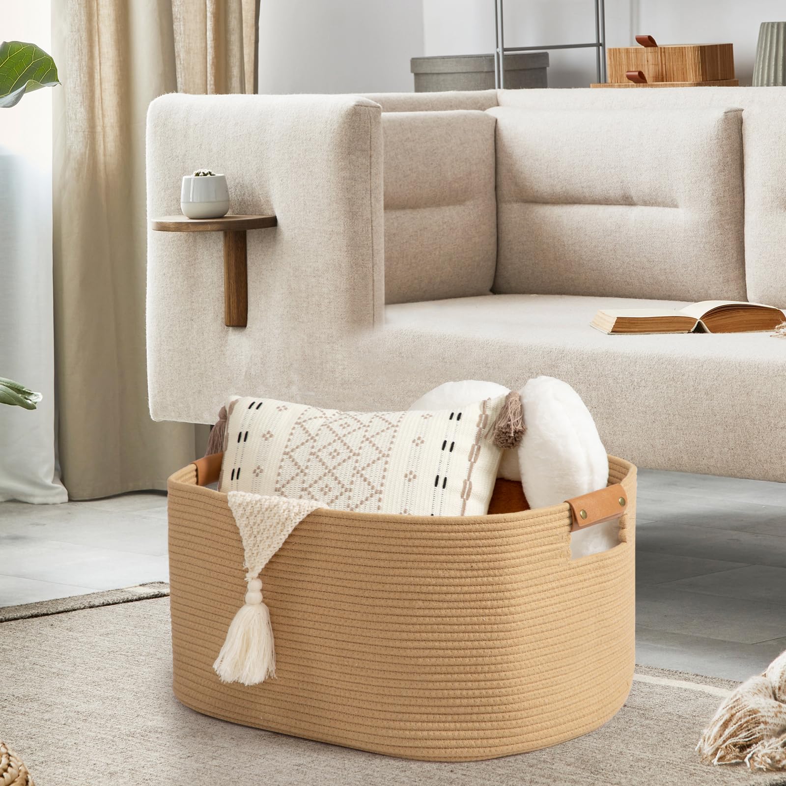 danpinera rectangle cotton rope basket close-up emphasizes soft natural texture.