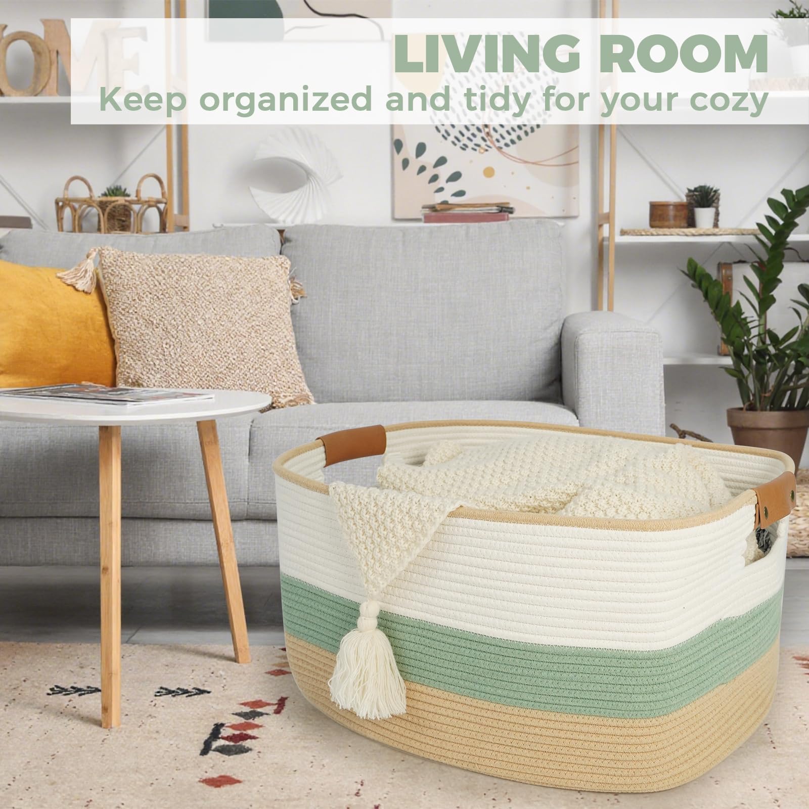 danpinera woven basket in living room with blankets neatly organized