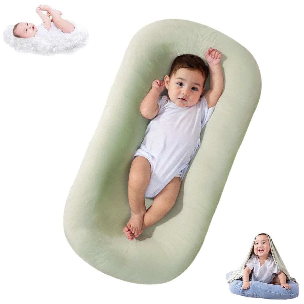 DAOLUAN baby lounger green fabric close-up highlighting breathable cotton for newborn comfort.
