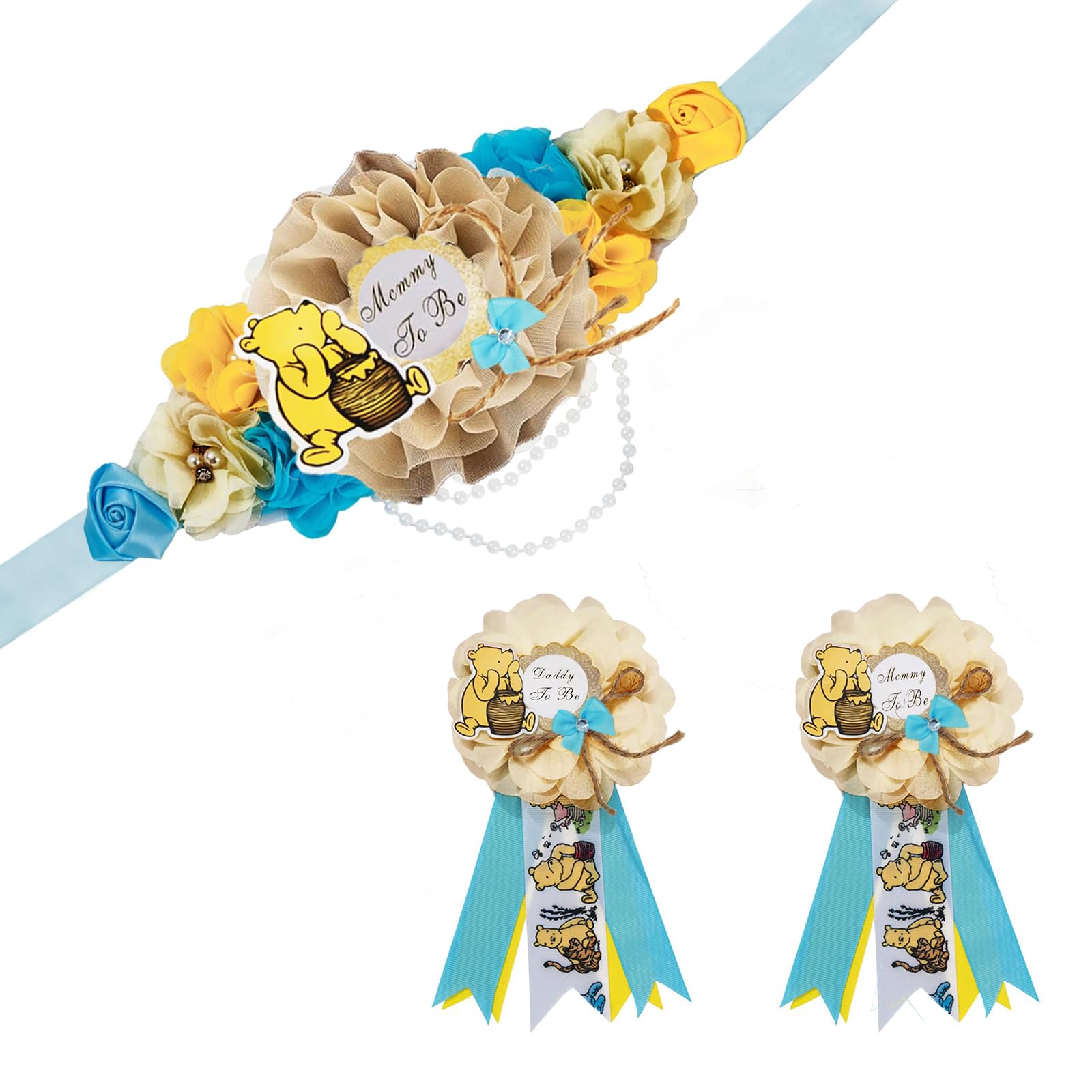 DaperCanly mommy-to-be sash with blue-yellow ribbons for stylish baby shower photos