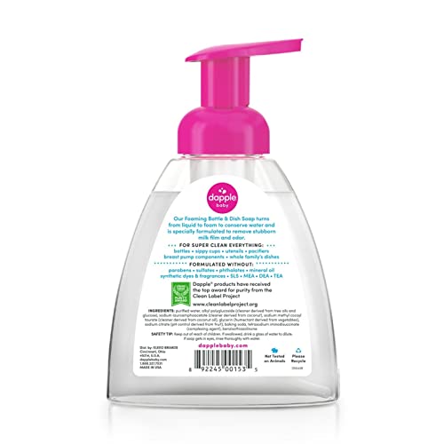 Dapple Baby Foaming Soap foaming dispenser shown with dishes for efficient cleaning